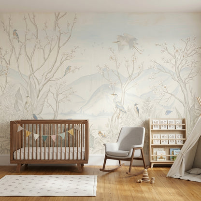 Landscape Mural Wallpaper Blossom Branches Removable Birds Wall Decor