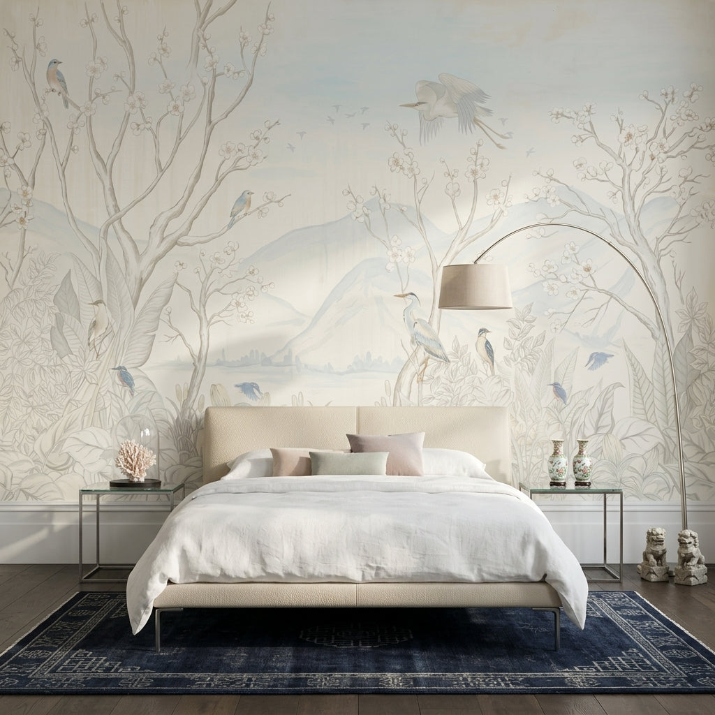 Landscape Mural Wallpaper Blossom Branches Removable Birds Wall Decor