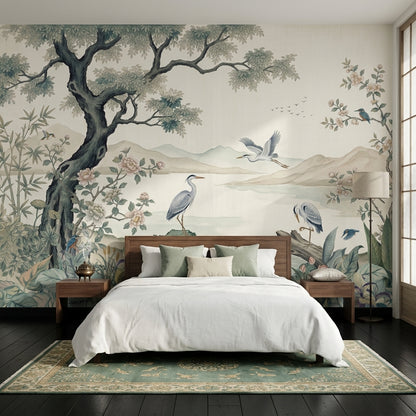 Scenic Landscape Wallpaper Lakeside Misty Mountains Removable Wall Decor