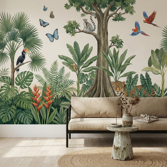 Tropical Jungle Wallpaper Rainforest Landscape Botanical Illustration Wall Mural