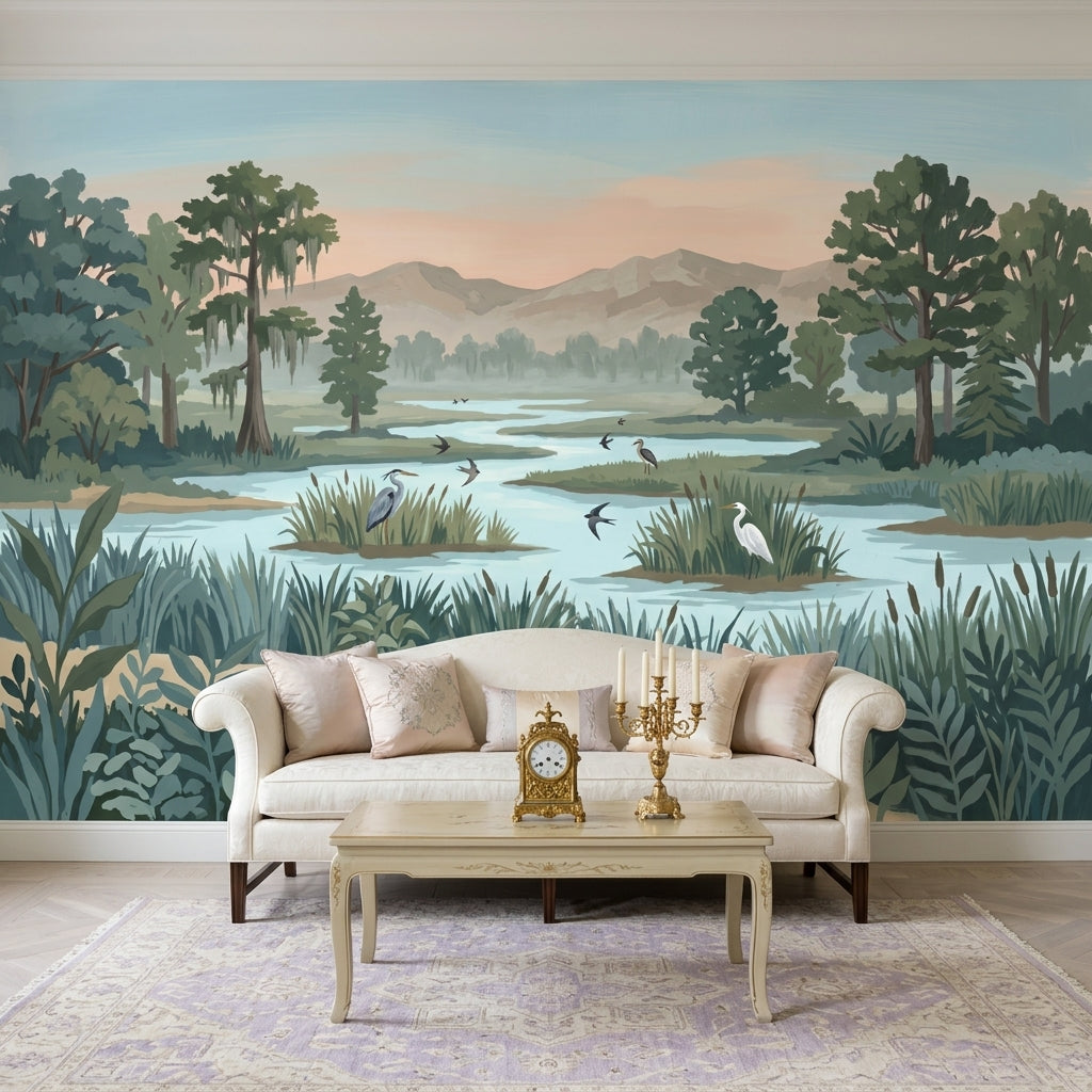 Wetland Landscape Wallpaper Marsh River Removable Wading Birds Wall Decor