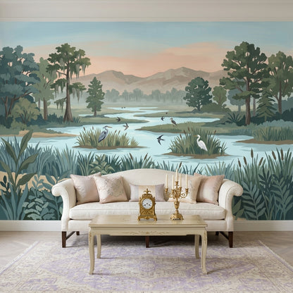 Wetland Landscape Wallpaper Marsh River Removable Wading Birds Wall Decor