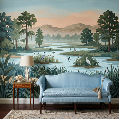 Wetland Landscape Wallpaper Marsh River Removable Wading Birds Wall Decor