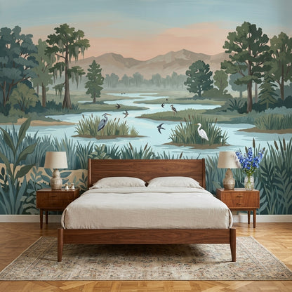 Wetland Landscape Wallpaper Marsh River Removable Wading Birds Wall Decor