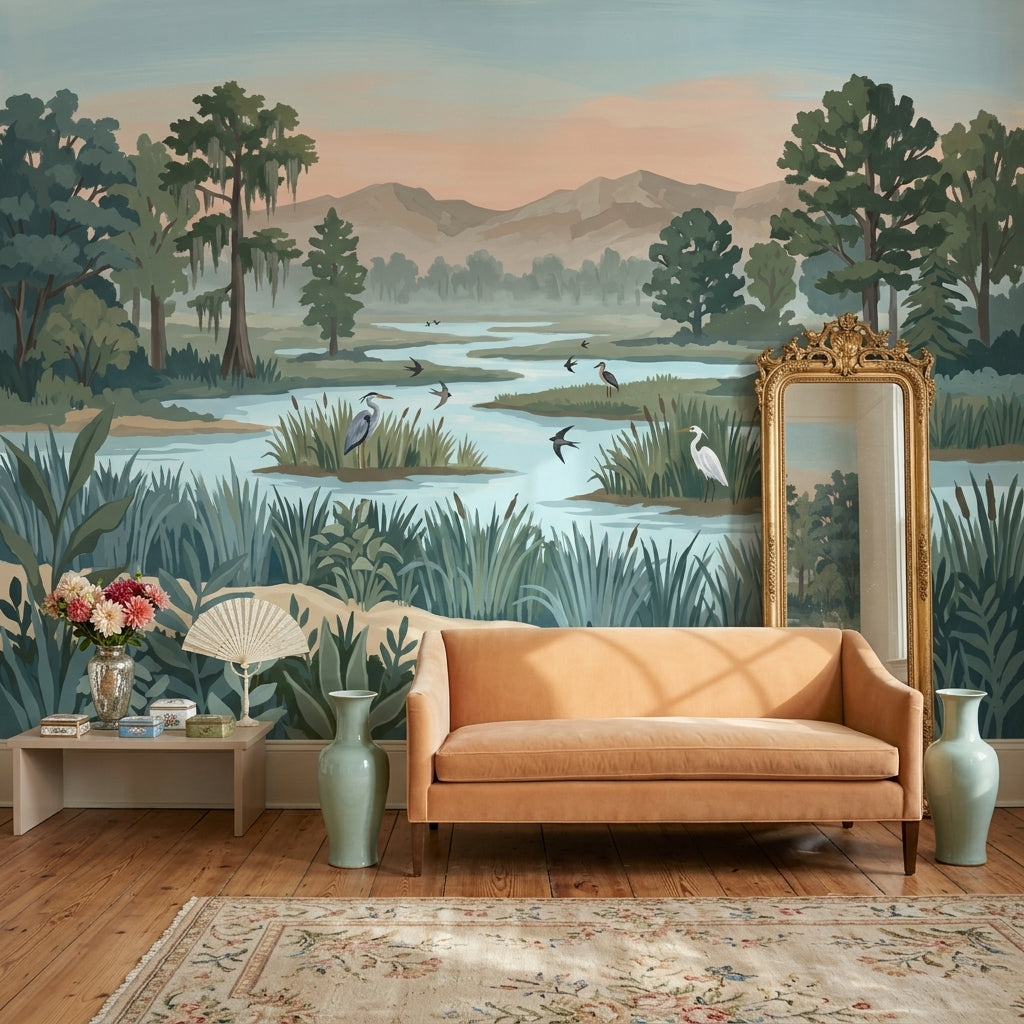 Wetland Landscape Wallpaper Marsh River Removable Wading Birds Wall Decor