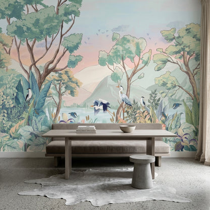Pastel Landscape Mural Wallpaper Watercolor Botanical Birds And Herons Wall Mural