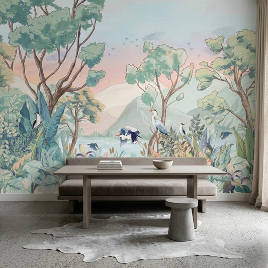 Pastel Landscape Mural Wallpaper Watercolor Botanical Birds And Herons Wall Mural