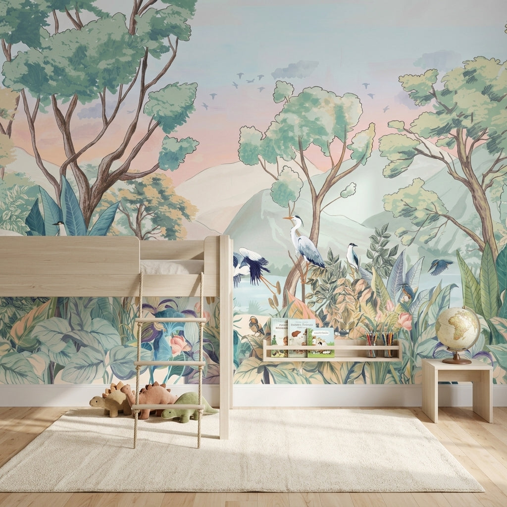 Pastel Landscape Mural Wallpaper Watercolor Botanical Birds And Herons Wall Mural