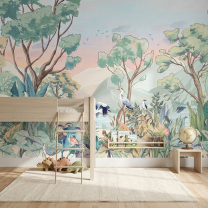 Pastel Landscape Mural Wallpaper Watercolor Botanical Birds And Herons Wall Mural