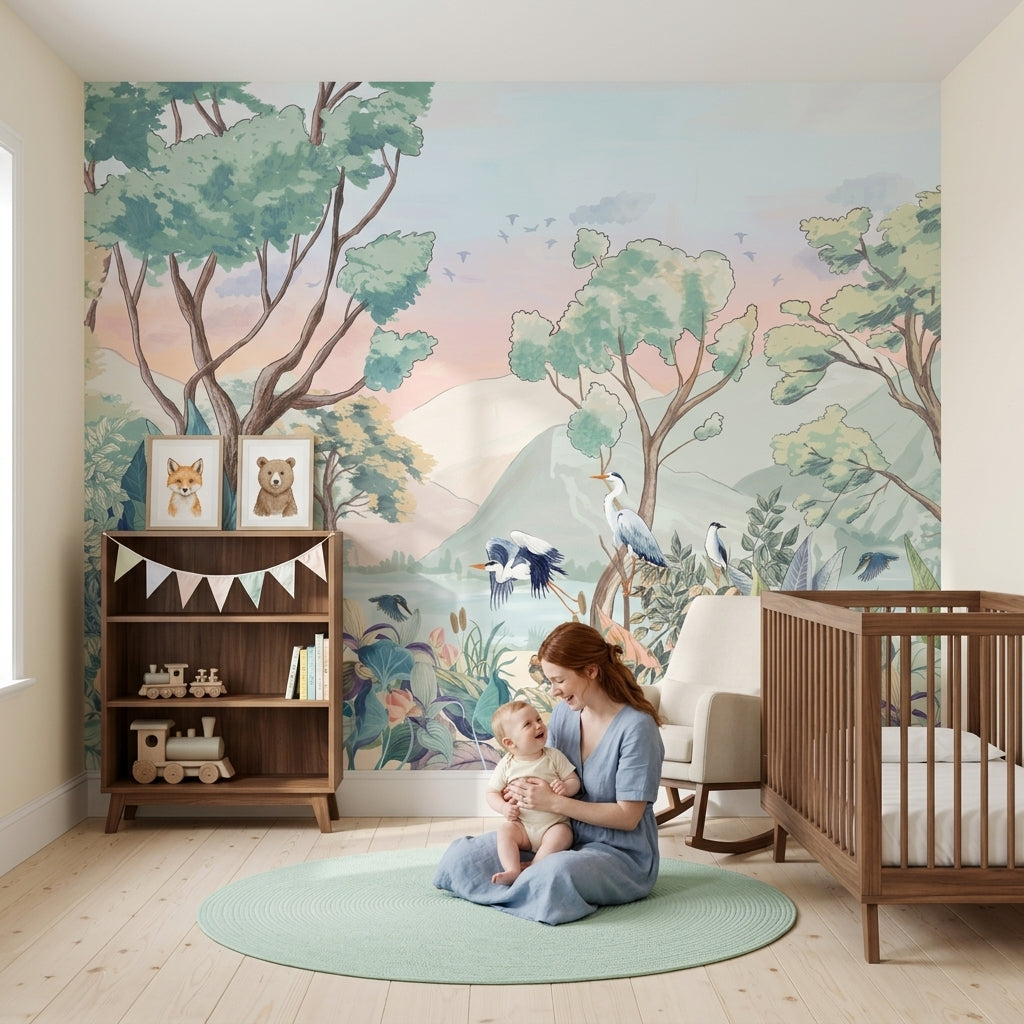 Pastel Landscape Mural Wallpaper Watercolor Botanical Birds And Herons Wall Mural
