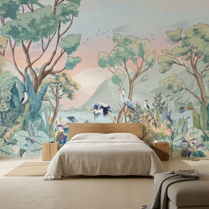 Pastel Landscape Mural Wallpaper Watercolor Botanical Birds And Herons Wall Mural