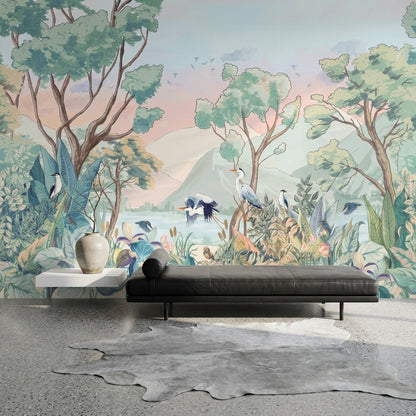 Pastel Landscape Mural Wallpaper Watercolor Botanical Birds And Herons Wall Mural