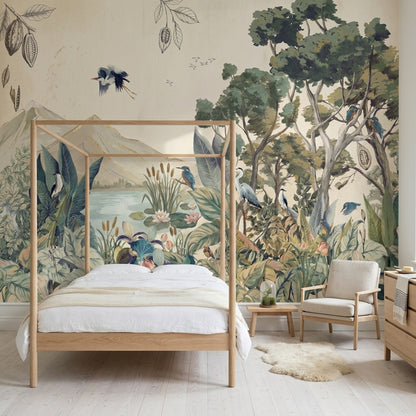 Lake Landscape Wallpaper Botanical Foliage Removable Birds Wall Decor