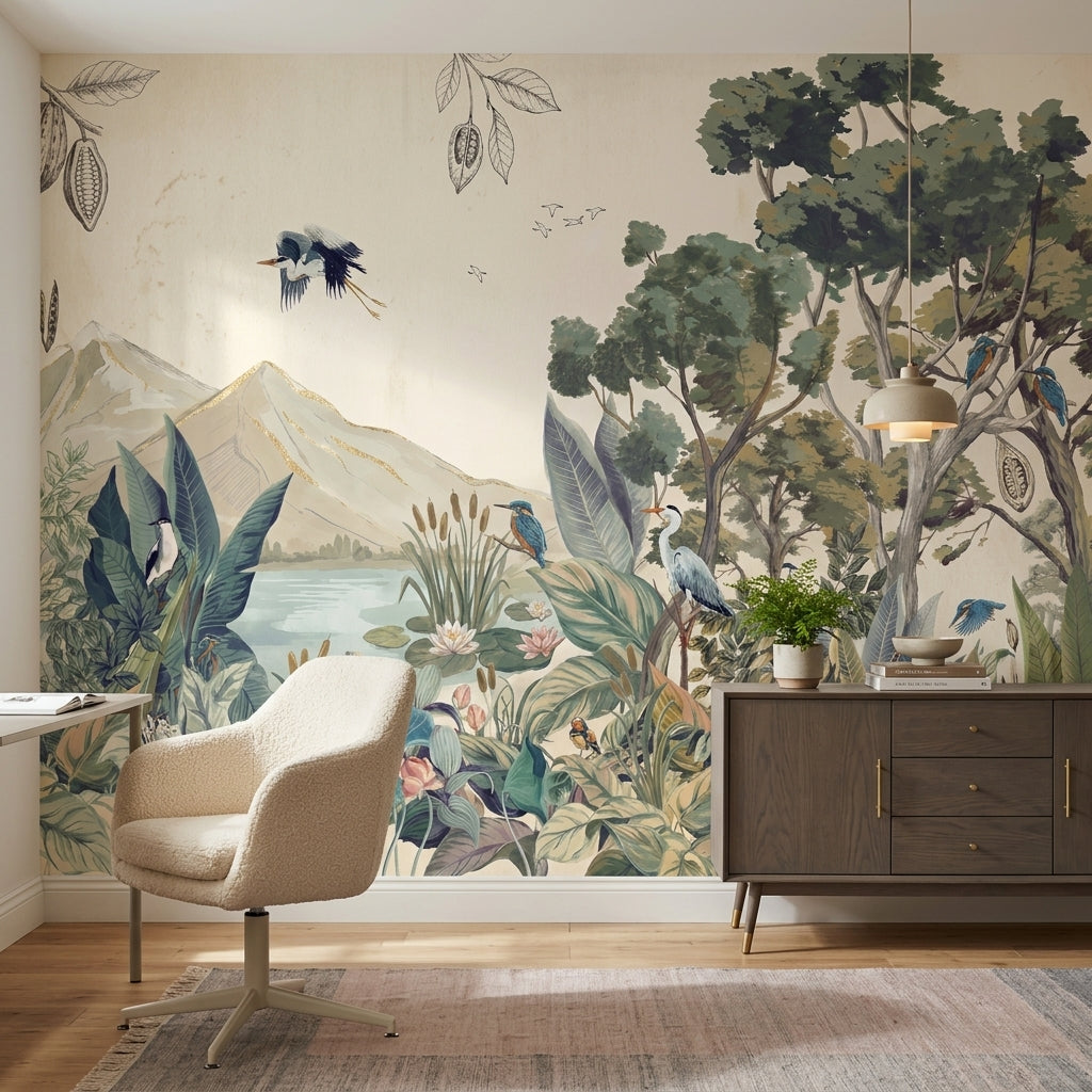 Lake Landscape Wallpaper Botanical Foliage Removable Birds Wall Decor