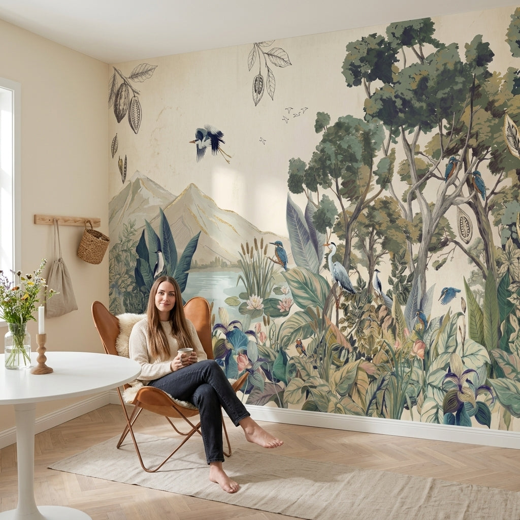 Lake Landscape Wallpaper Botanical Foliage Removable Birds Wall Decor