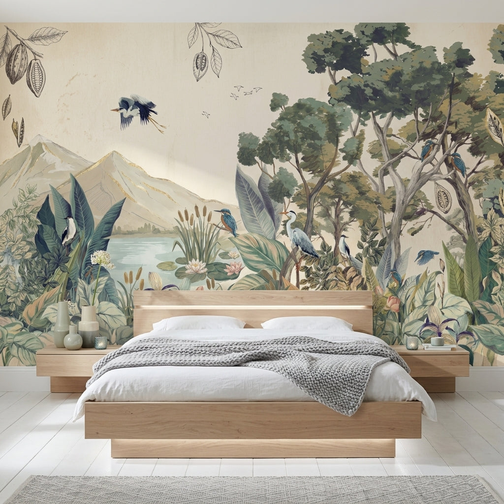Lake Landscape Wallpaper Botanical Foliage Removable Birds Wall Decor
