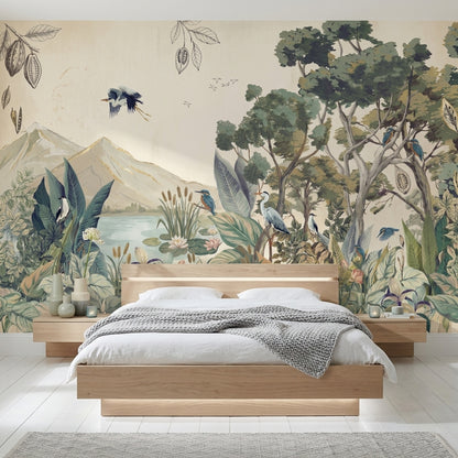 Lake Landscape Wallpaper Botanical Foliage Removable Birds Wall Decor