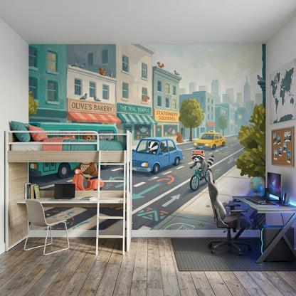 City Street Wallpaper Animals Urban Landscape Removable Wall Decor