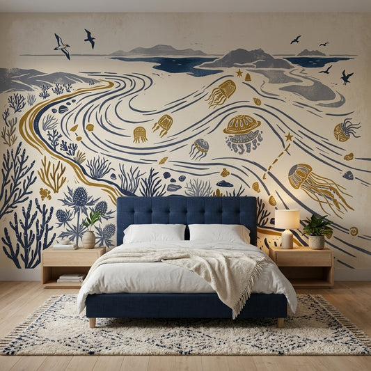 Coastal Landscape Wallpaper Ocean Currents Removable Nautical Illustration Wall Decor