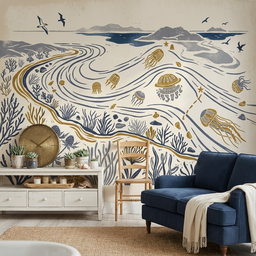 Coastal Landscape Wallpaper Ocean Currents Removable Nautical Illustration Wall Decor