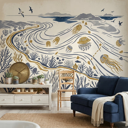 Coastal Landscape Wallpaper Ocean Currents Removable Nautical Illustration Wall Decor