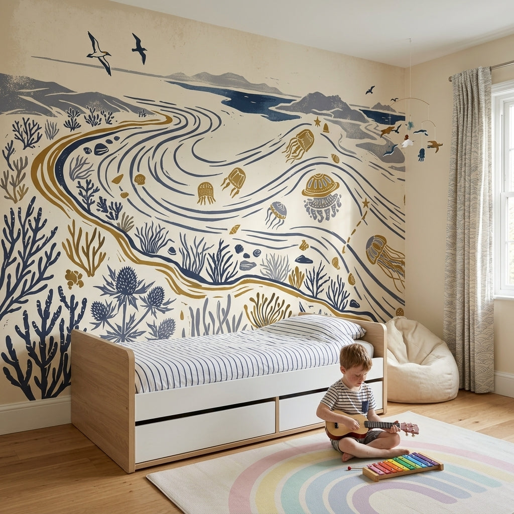 Coastal Landscape Wallpaper Ocean Currents Removable Nautical Illustration Wall Decor
