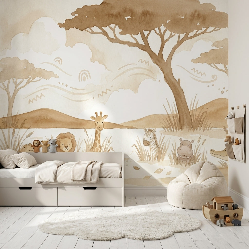 White Background Wallpaper Nursery Removable Safari Wall Decor