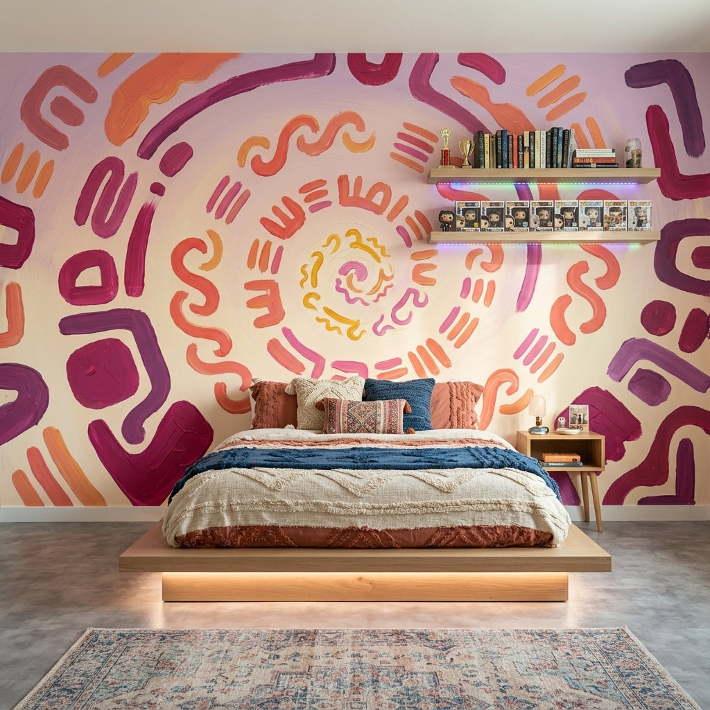 Abstract Spiral Wallpaper Hand Painted Brushstrokes Boho Modern Wall Mural