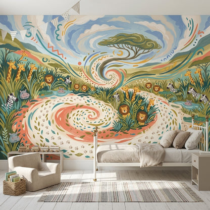 Safari Wallpaper Savanna Landscape Whimsical Illustration Removable Wall Decor