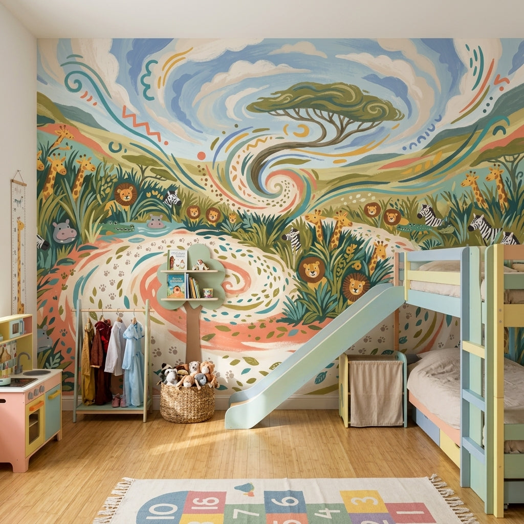 Safari Wallpaper Savanna Landscape Whimsical Illustration Removable Wall Decor