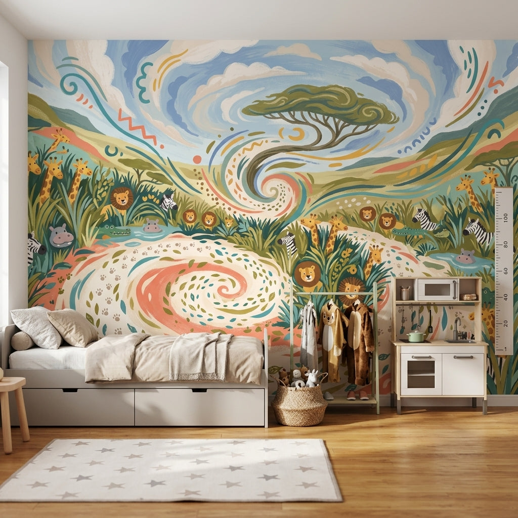 Safari Wallpaper Savanna Landscape Whimsical Illustration Removable Wall Decor