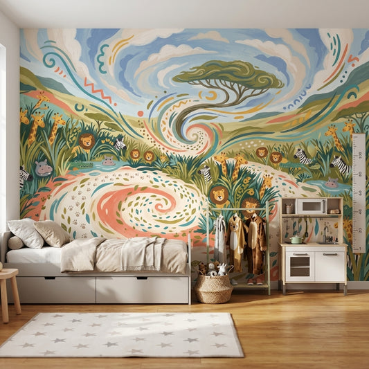 Safari Wallpaper Savanna Landscape Whimsical Illustration Removable Wall Decor