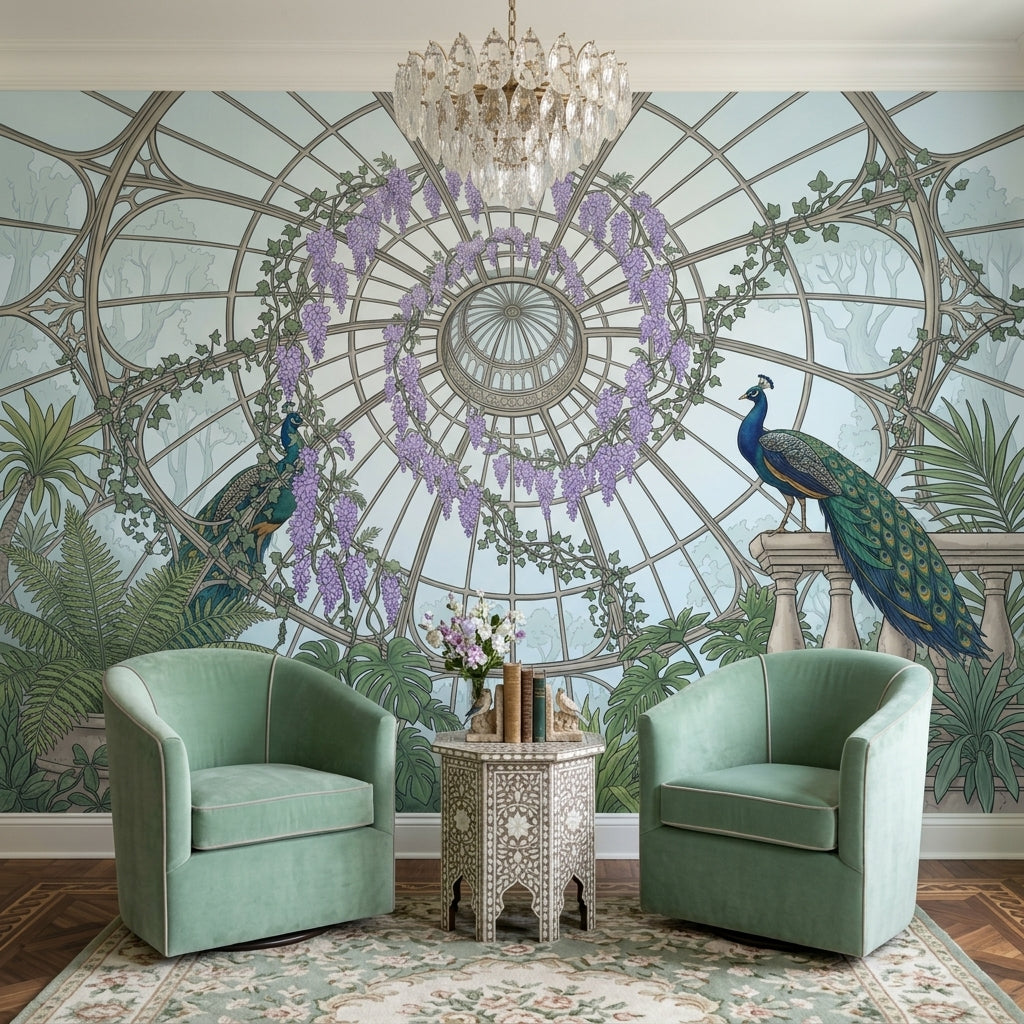 Conservatory Dome Wallpaper Glass Greenhouse Removable Peacocks Wall Decor