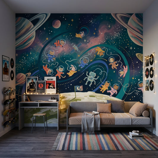 Astronaut Animals Wallpaper Planets With Rings Starry Sky Wall Mural