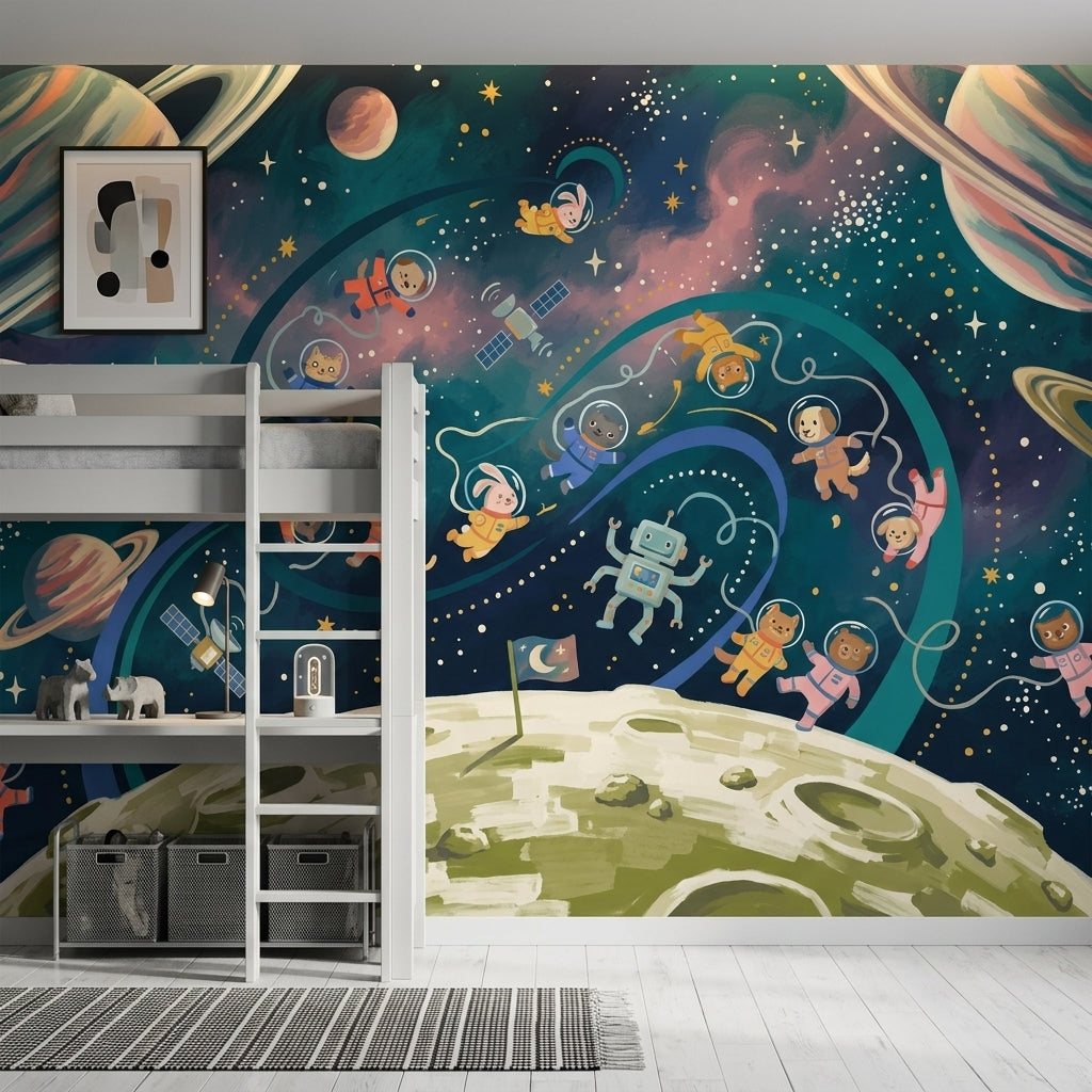 Astronaut Animals Wallpaper Planets With Rings Starry Sky Wall Mural