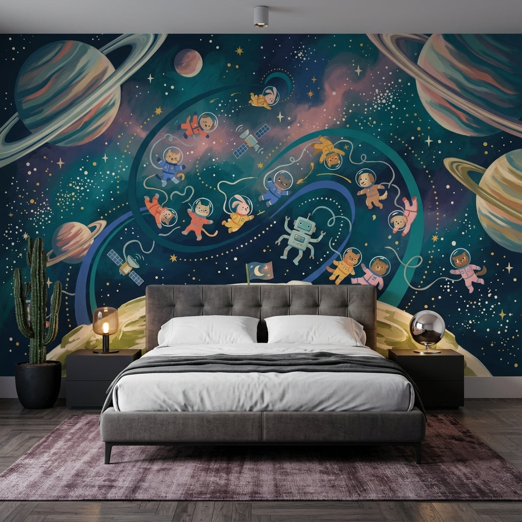 Astronaut Animals Wallpaper Planets With Rings Starry Sky Wall Mural