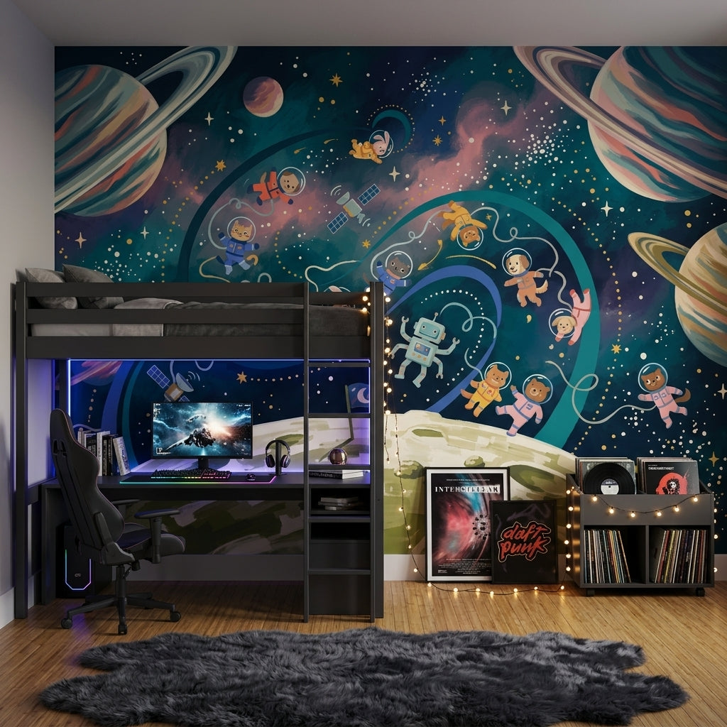 Astronaut Animals Wallpaper Planets With Rings Starry Sky Wall Mural