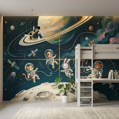 Astronaut Animals Wallpaper Dark Space Removable Ringed Planet Wall Decor