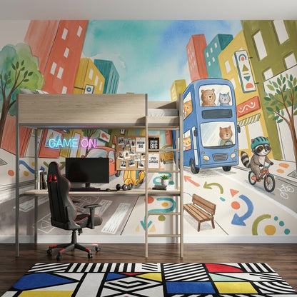 Playful City Wallpaper Double Decker Bus Kids Mural Removable Wall Decor