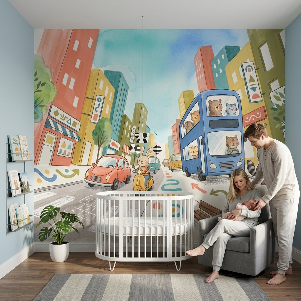 Playful City Wallpaper Double Decker Bus Kids Mural Removable Wall Decor