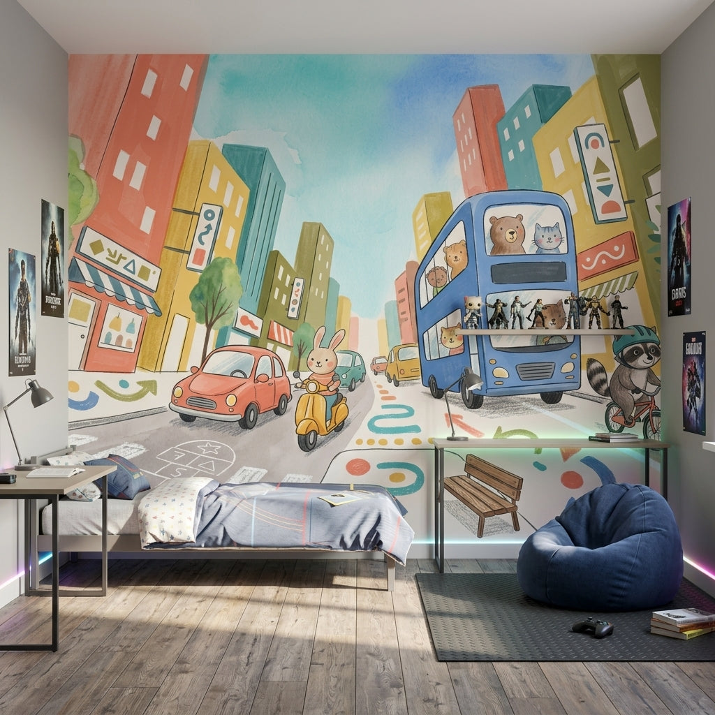 Playful City Wallpaper Double Decker Bus Kids Mural Removable Wall Decor