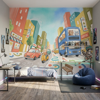 Playful City Wallpaper Double Decker Bus Kids Mural Removable Wall Decor
