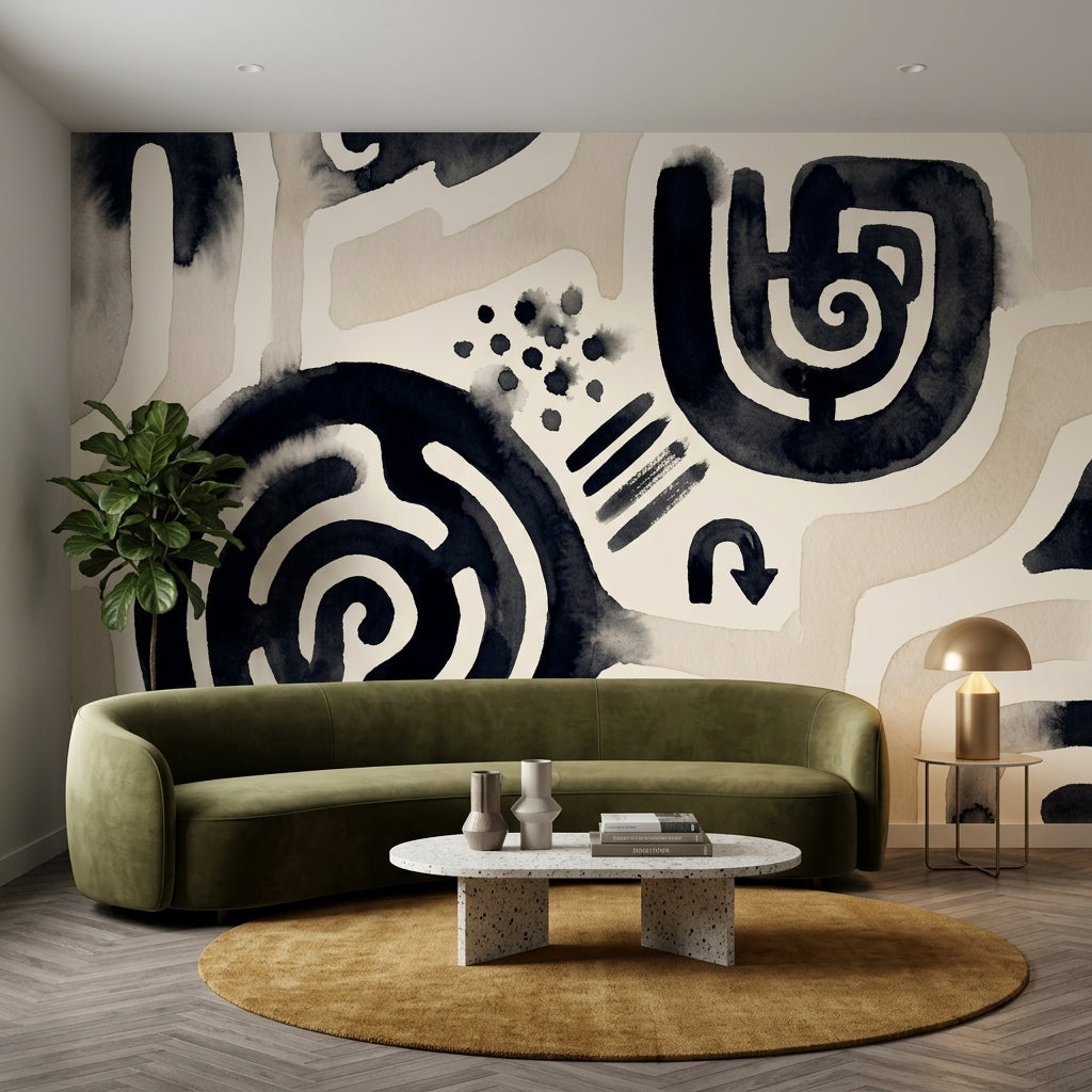 Spiral Motif Wallpaper Abstract Black Ink Wall Mural