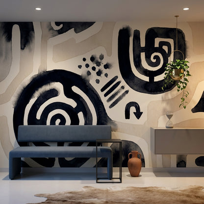 Spiral Motif Wallpaper Abstract Black Ink Wall Mural