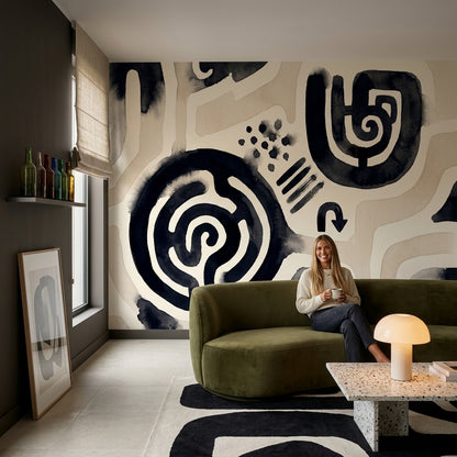 Spiral Motif Wallpaper Abstract Black Ink Wall Mural
