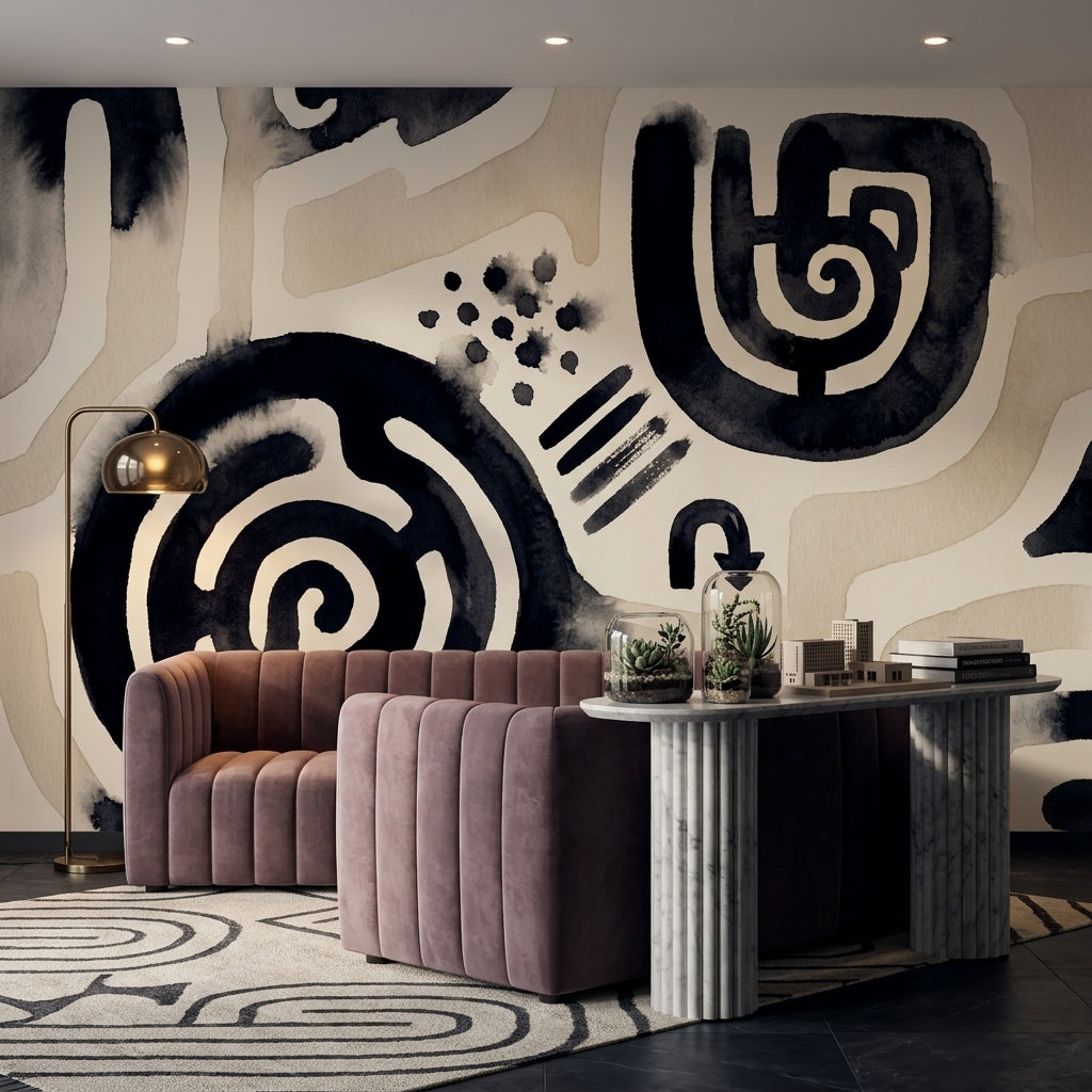 Spiral Motif Wallpaper Abstract Black Ink Wall Mural