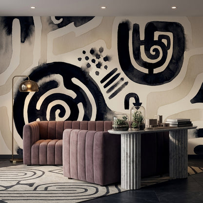 Spiral Motif Wallpaper Abstract Black Ink Wall Mural