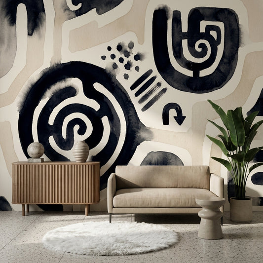 Spiral Motif Wallpaper Abstract Black Ink Wall Mural