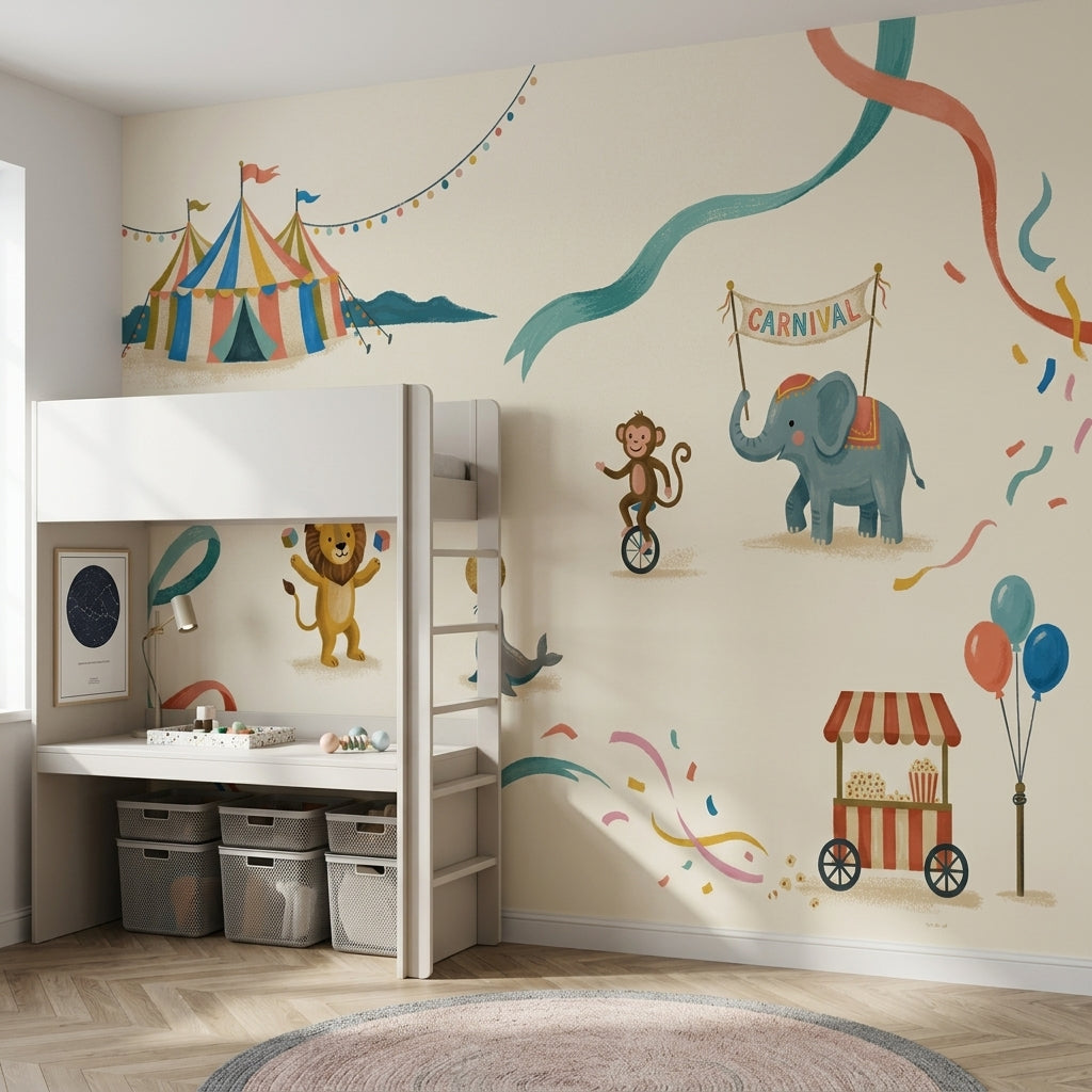Carnival Wallpaper Circus Animals Cream Background Removable Wall Decor