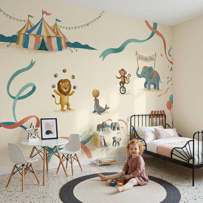 Carnival Wallpaper Circus Animals Cream Background Removable Wall Decor